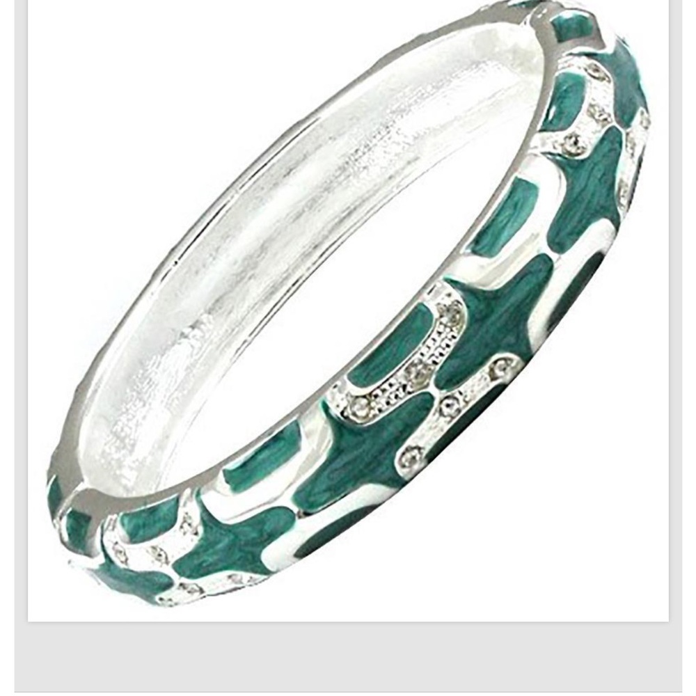 Teal Silver Crystal Bangle Bracelet Enamel Hinged Alloy Women Fashion Jewelry